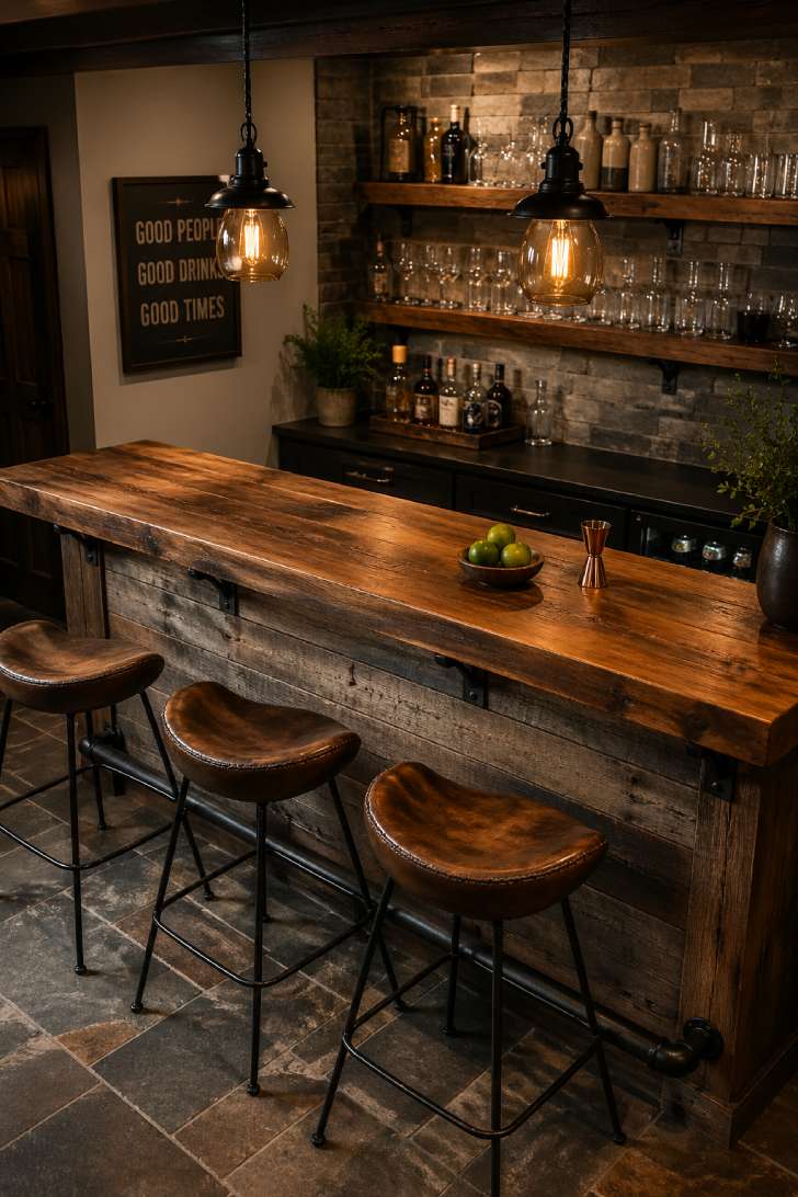 Reclaimed barn wood basement bar with saddle leather stools and black iron pipe footrail