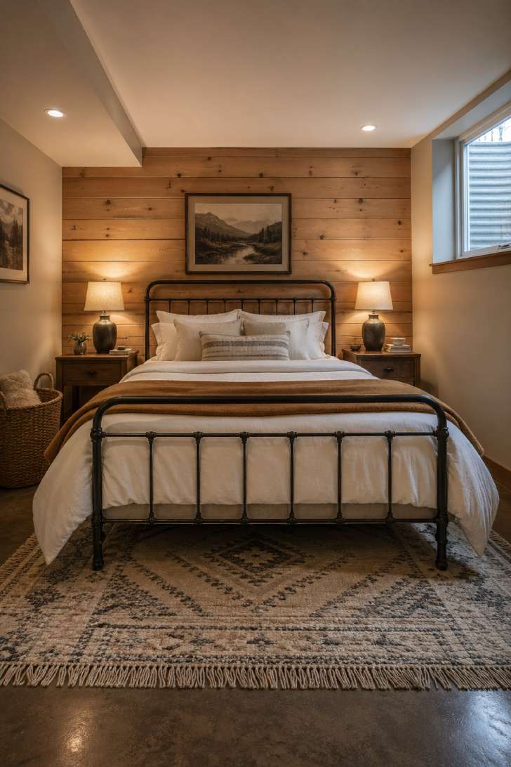 Cabin-style rustic basement bedroom with pine plank headboard wall and wrought iron bed frame