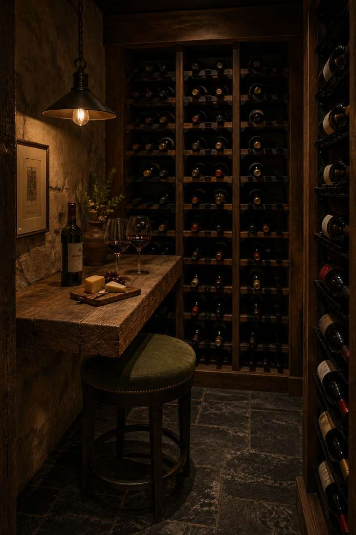 Dark walnut wine cellar nook with iron rack and reclaimed oak tasting ledge in a rustic basement