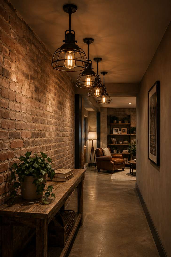 Industrial cage pendant lights with Edison bulbs along a rustic basement hallway with exposed brick wall