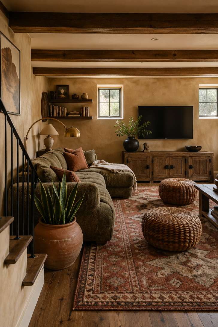 Earth tone rustic basement living room with olive sofa, terracotta accents, and reclaimed wood media console
