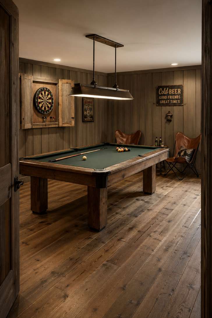 Rustic basement game room with timber-leg pool table, board-and-batten walls, and industrial pendant lighting