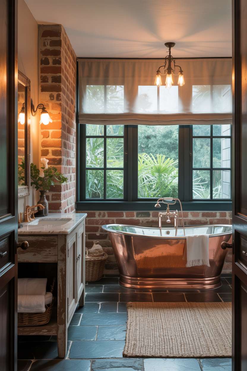 Stylish rustic bathroom with copper soaking tub, weathered wooden vanity, and exposed brick walls