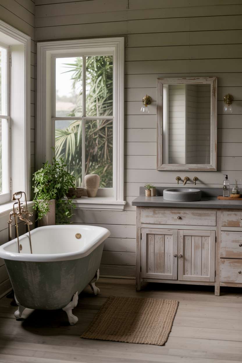 Spacious rustic bathroom featuring a clawfoot tub with light grey shiplap walls and garden views