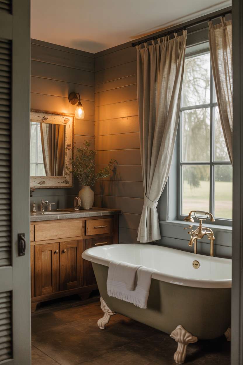 Rustic bathroom with clawfoot tub, wooden vanity, and warm grey shiplap walls