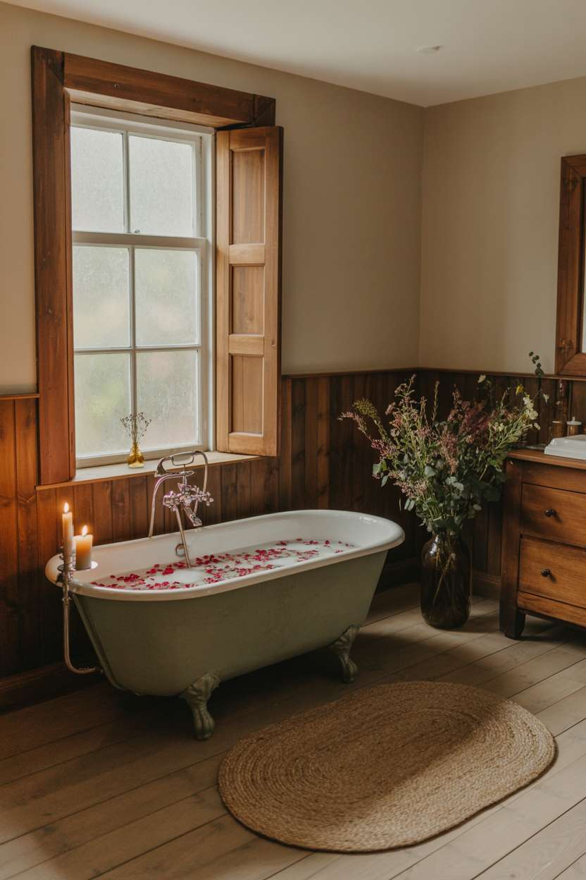 Warm-toned rustic bathroom with bubble-filled clawfoot tub decorated with rose petals