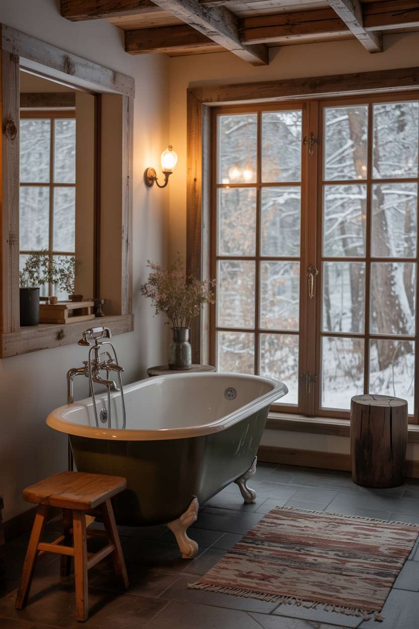 Cozy rustic bathroom with clawfoot tub positioned near window overlooking snow-covered forest