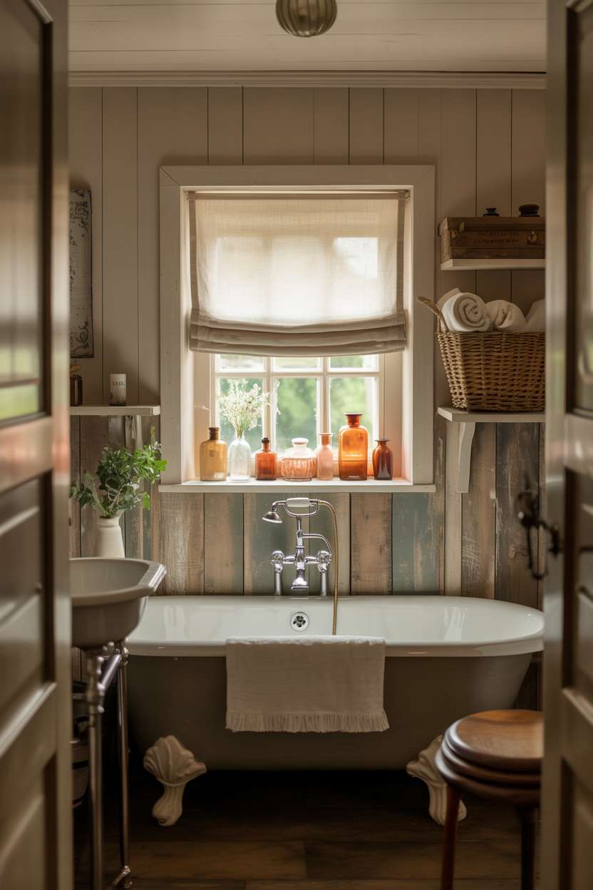 Charming rustic bathroom with weathered wood paneling, clawfoot tub, and antique accessories