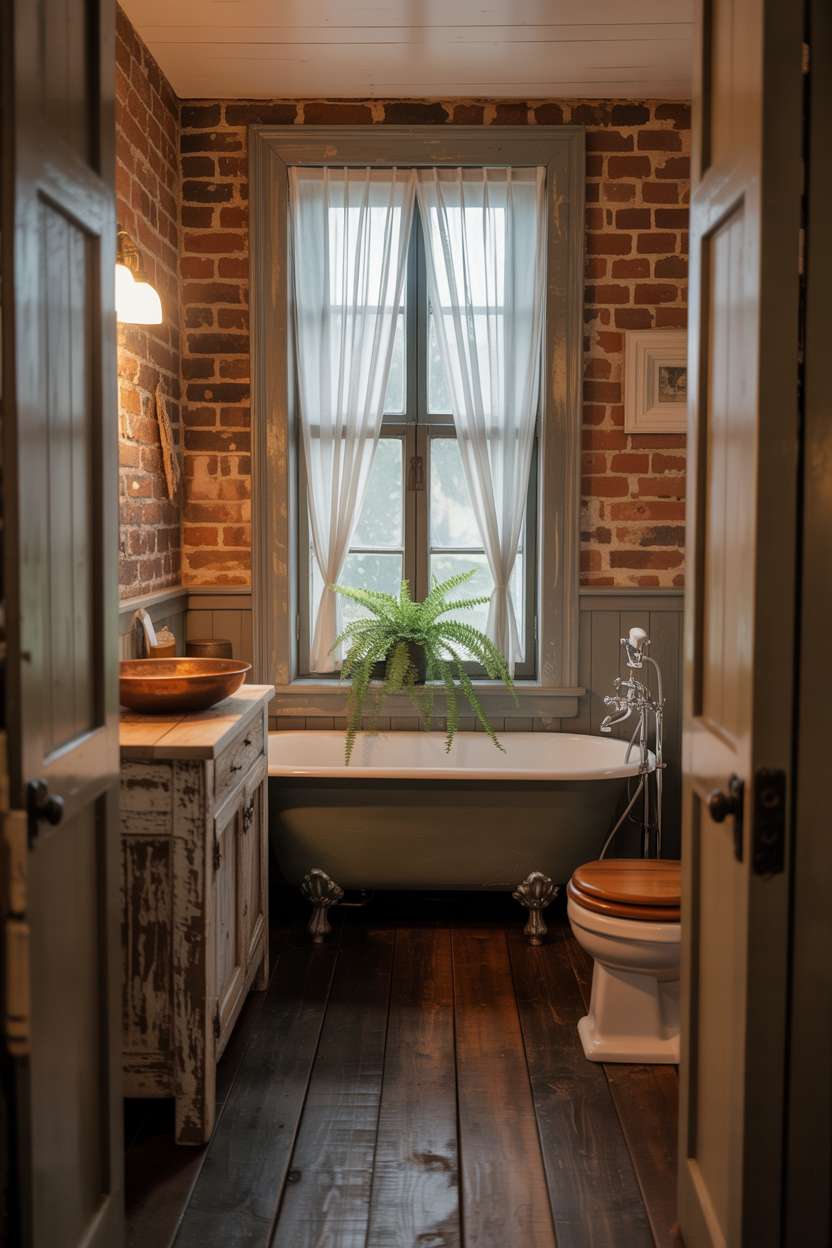 Rustic bathroom with clawfoot tub, exposed brick walls, and copper sink on weathered wooden vanity
