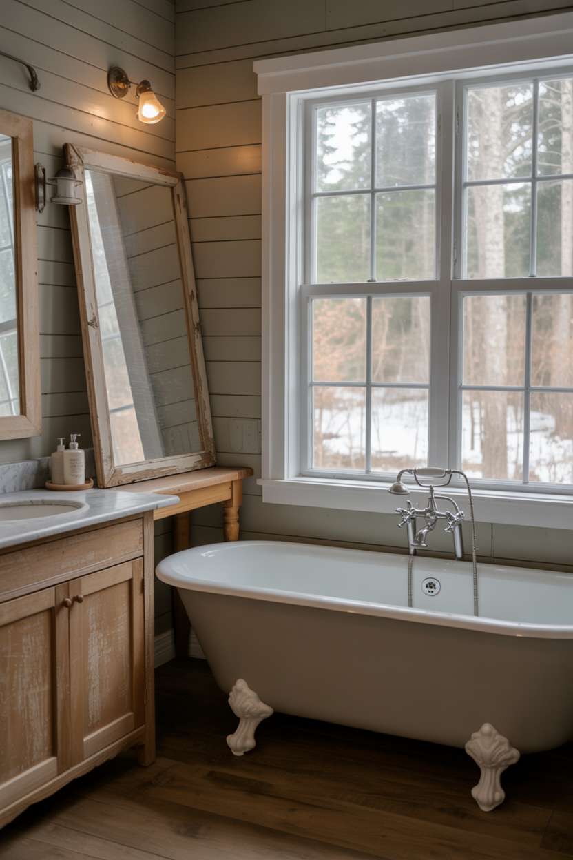 Serene rustic bathroom with clawfoot tub beneath window overlooking snowy forest landscape