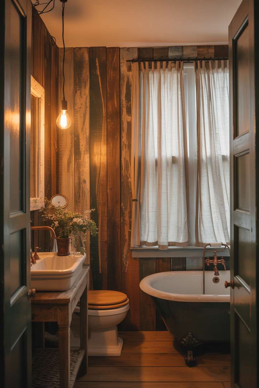Inviting rustic bathroom with distressed wood paneling and Edison bulb lighting