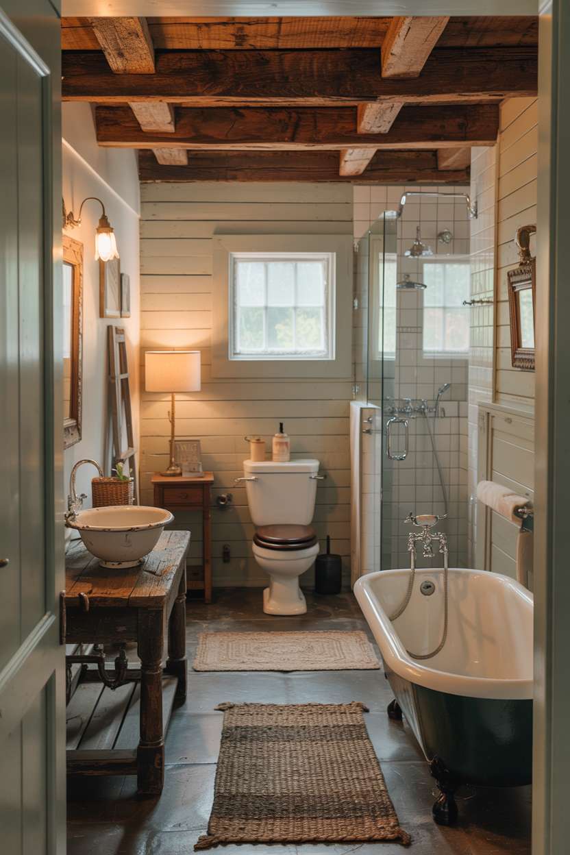 Comprehensive rustic bathroom featuring exposed beams, shiplap walls, and walk-in shower