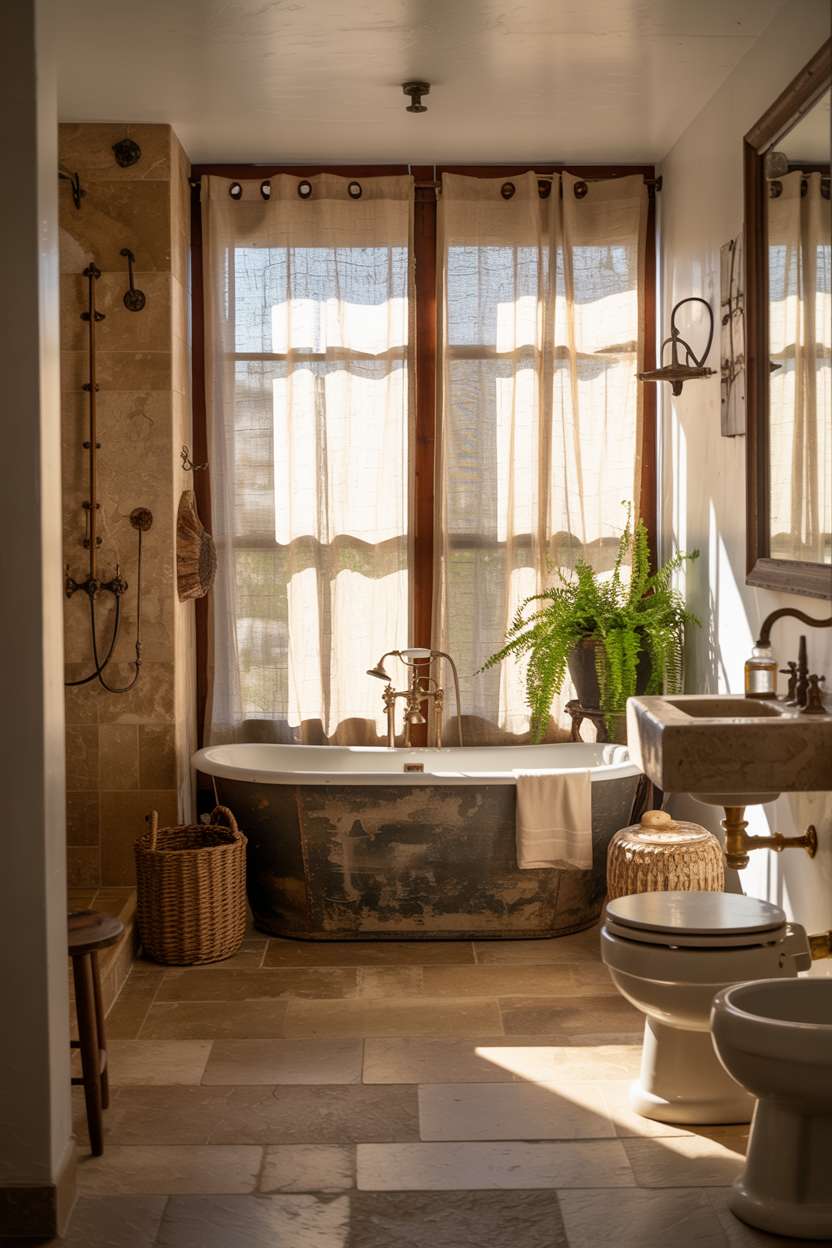 Luxurious rustic bathroom with freestanding soaking tub and natural stone tile flooring
