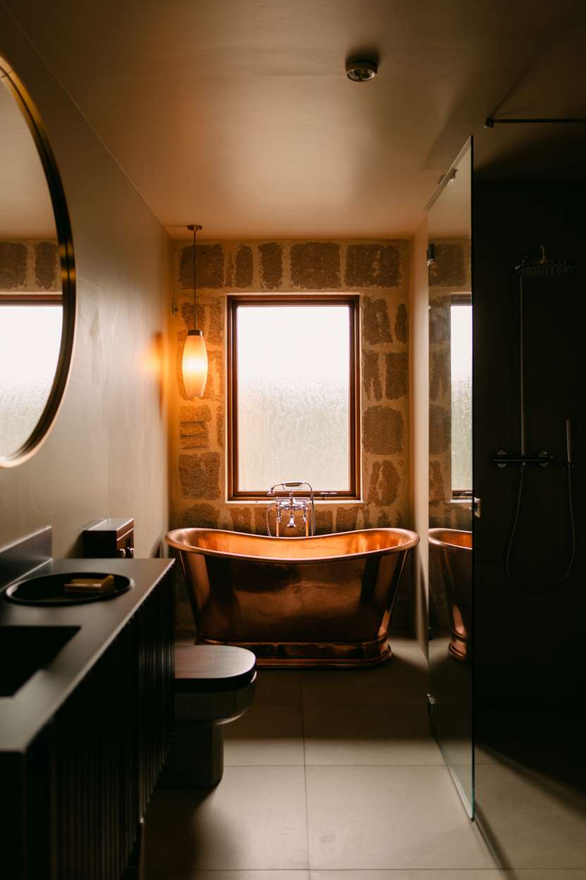 Modern rustic bathroom with copper bathtub against textured stone wall and pendant lighting
