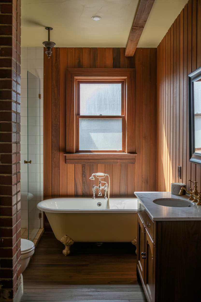 Sophisticated rustic bathroom with dark walnut vanity and exposed brick accent wall