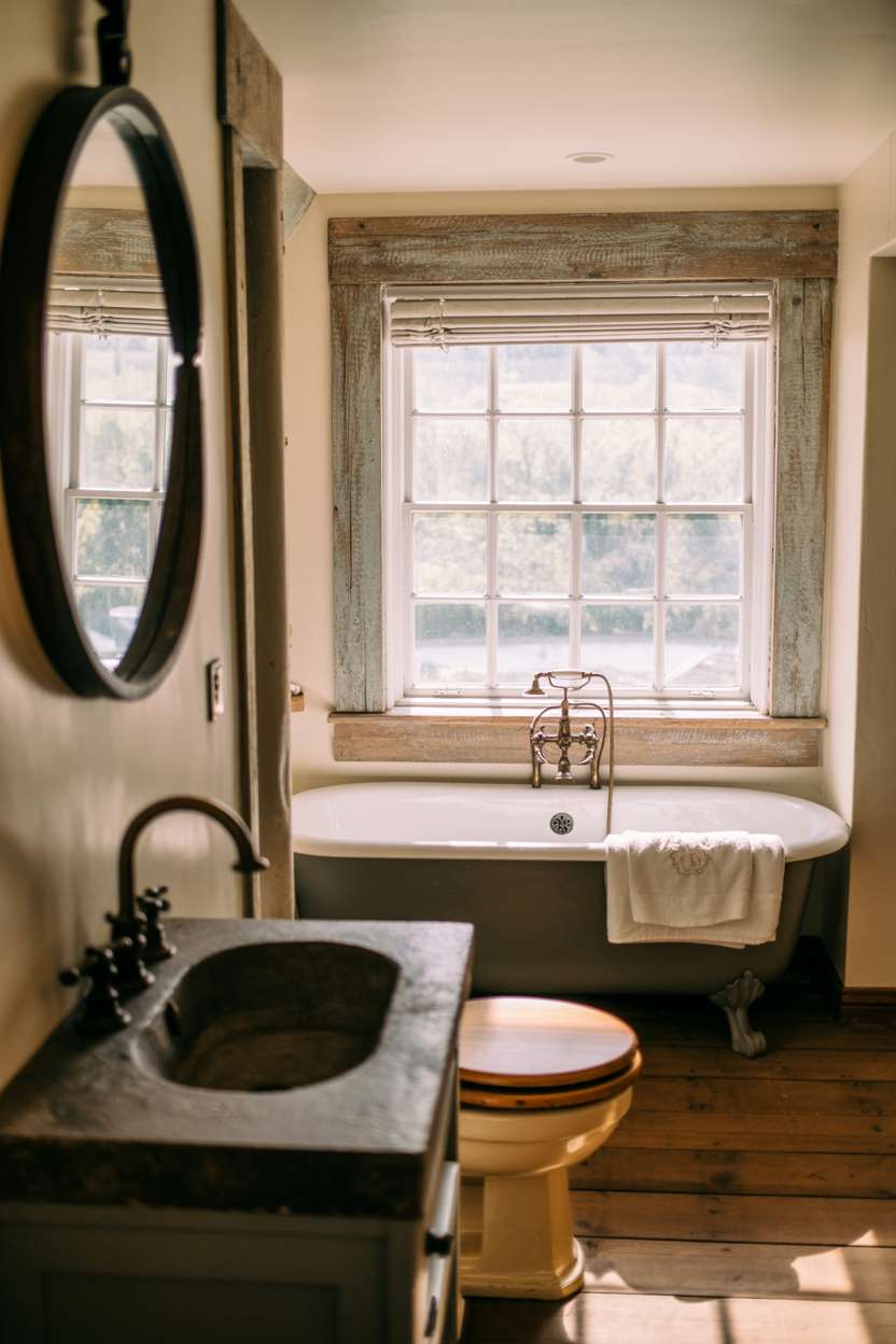 Charming rustic bathroom with a round dark wood mirror above a stone sink