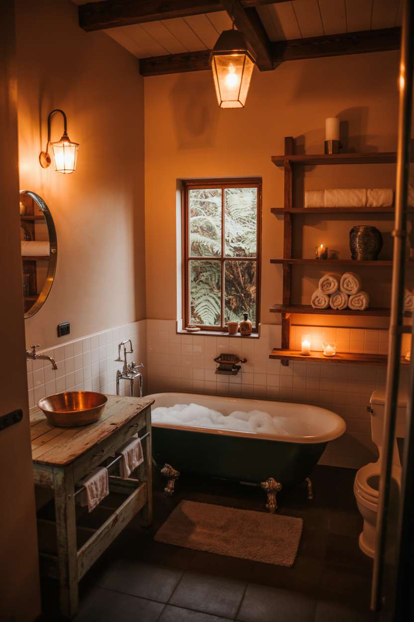 Warmly lit rustic bathroom with bubble-filled clawfoot tub surrounded by wooden shelving and candles