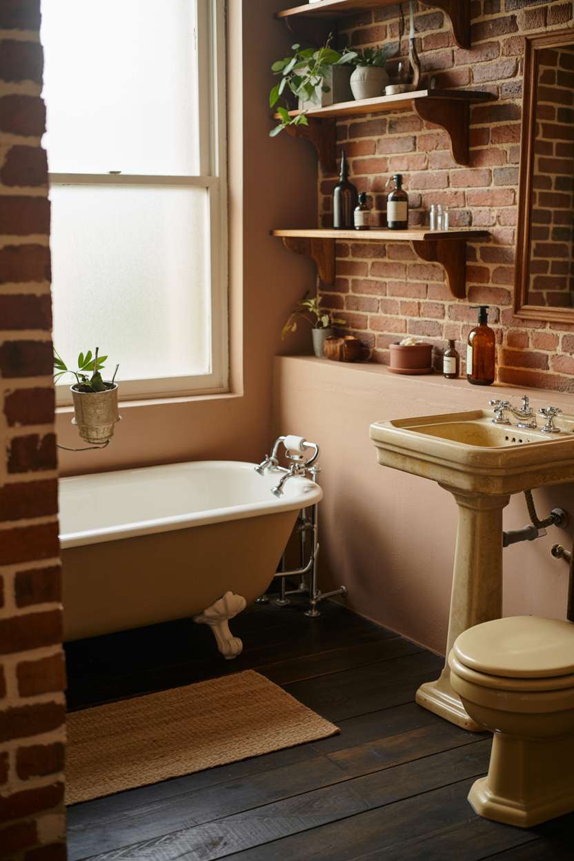 Classic rustic bathroom with exposed brick walls, dark hardwood floors, and vintage pedestal sink