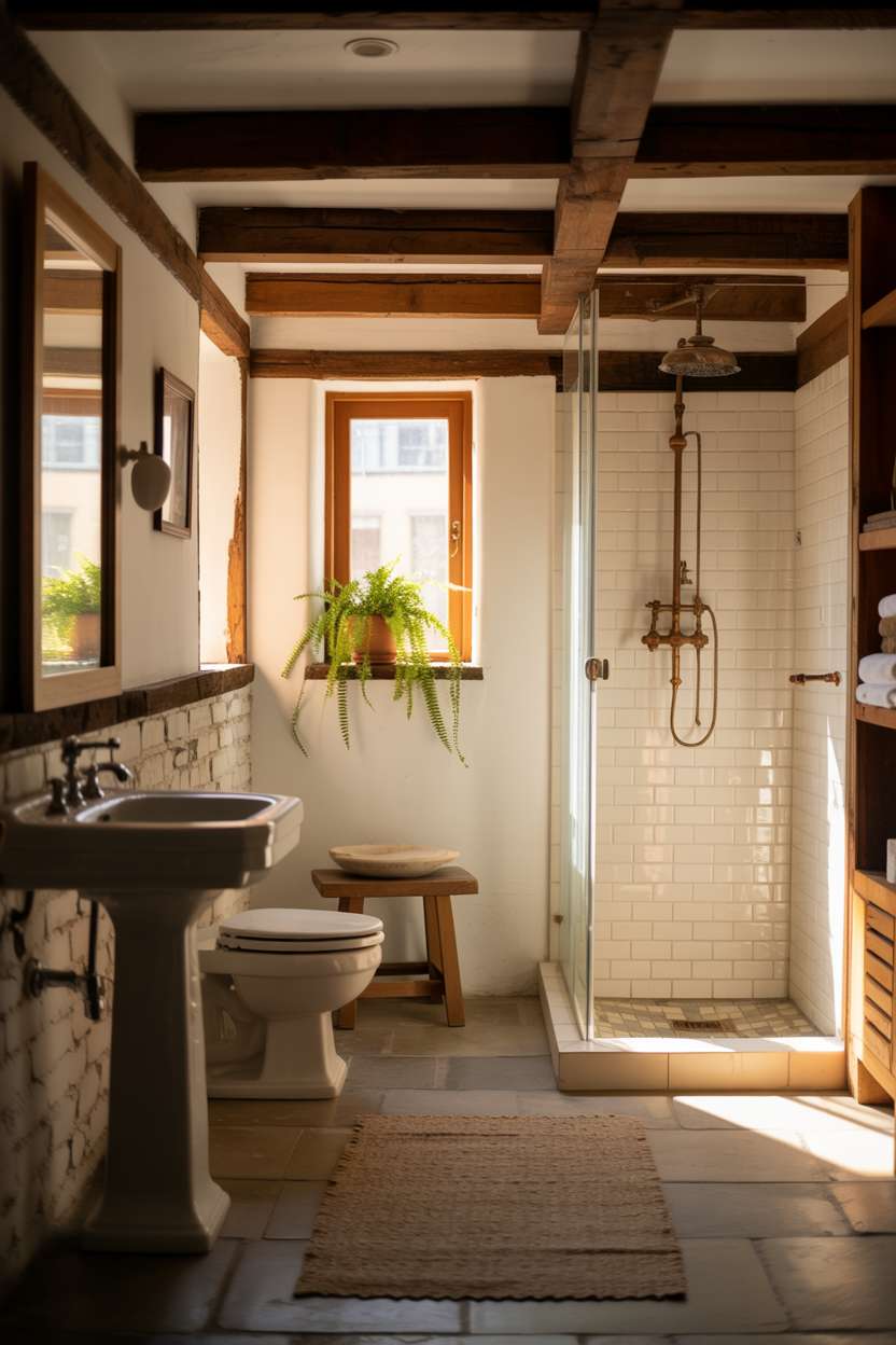 Bright rustic bathroom with exposed wooden beams, stone tile floors, and brass shower fixtures