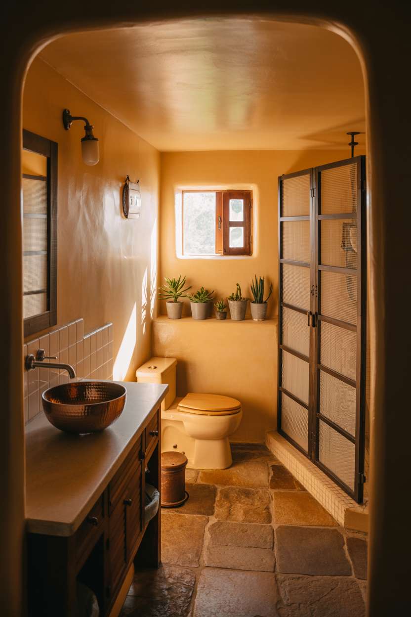 Tranquil rustic bathroom with natural stone floors, hammered copper sink, and arched window