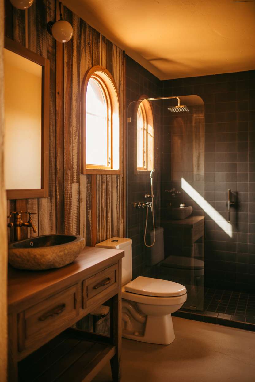 Clean rustic bathroom with distressed wooden paneling and glass-enclosed rainfall shower