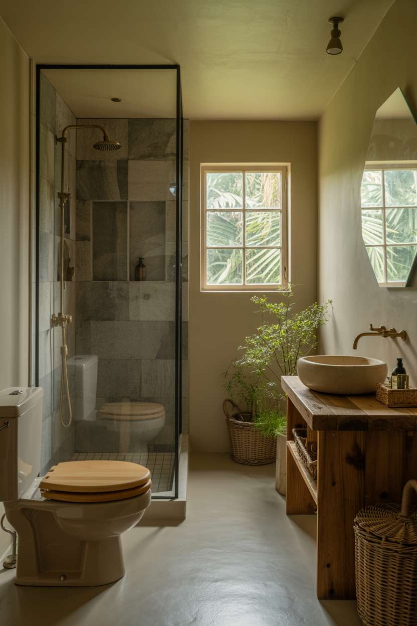Modern rustic bathroom with round off-white sink on reclaimed wood vanity overlooking garden