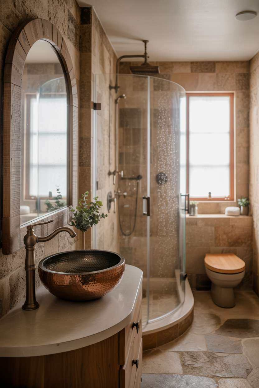 Elegant rustic bathroom with hammered copper sink, natural stone tiling, and large arched mirror