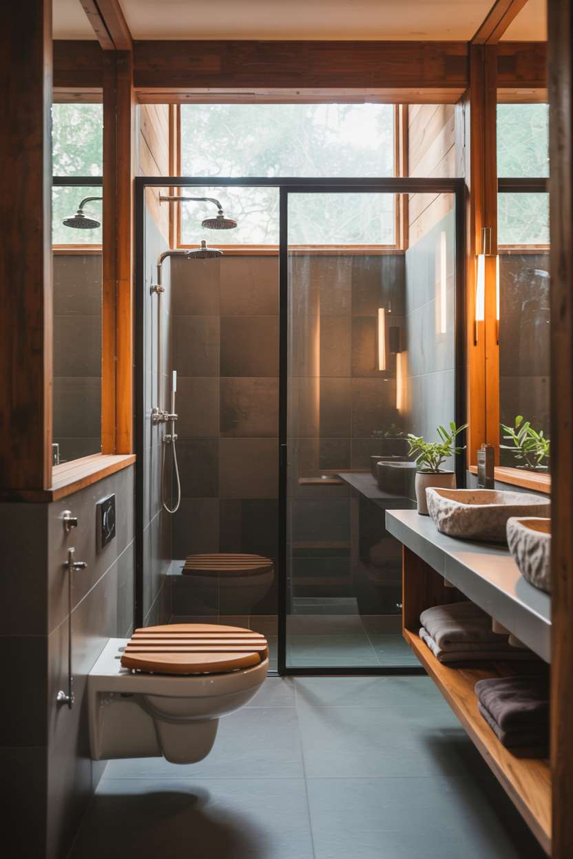Contemporary rustic bathroom with floating vanity, wall-mounted toilet, and large window