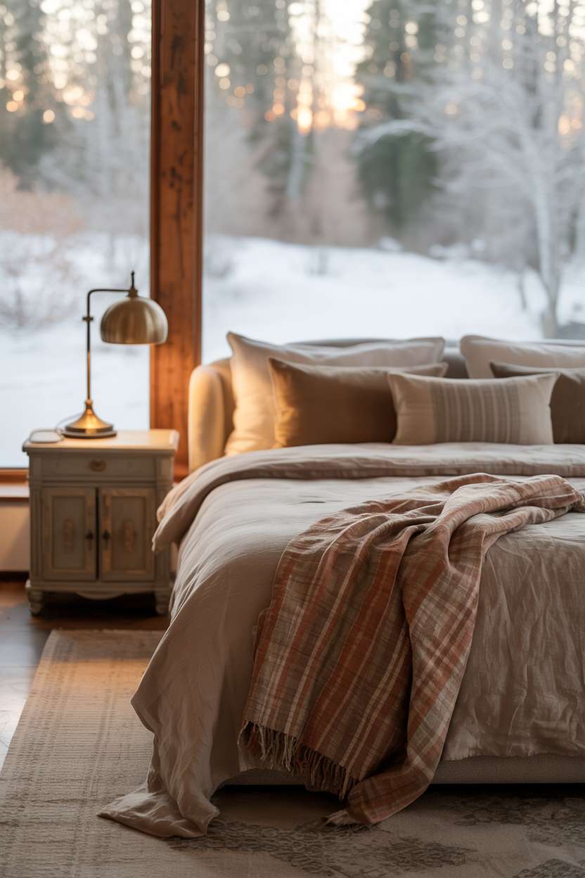 Rustic bedroom with king bed, linen bedding in earth tones, vintage wooden nightstand, and snowy forest view through large window