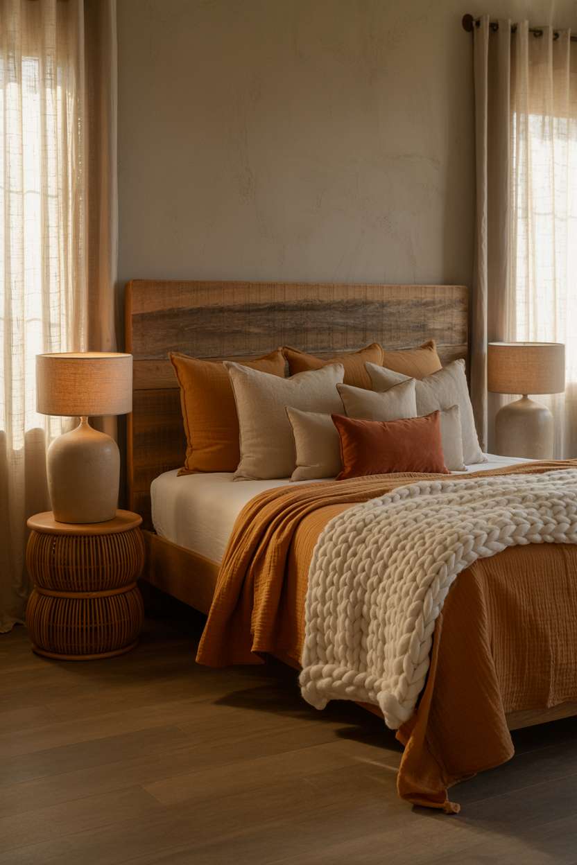King bed with chunky knit cream throw, linen pillows in ochre and burnt sienna, reclaimed wood headboard, and rattan nightstands