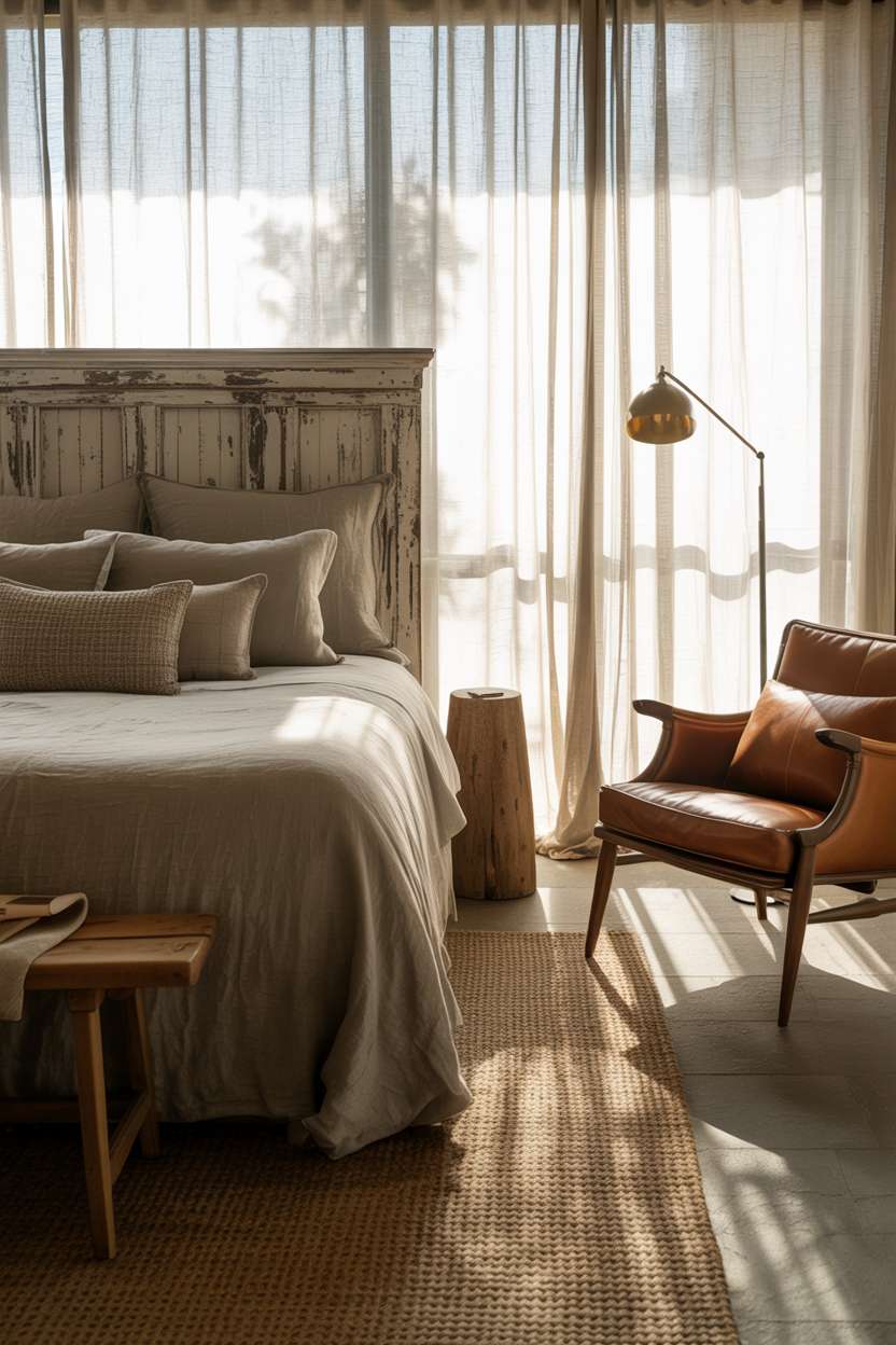 Rustic bedroom with distressed wooden headboard, gray linen bedding, vintage rug, leather armchair reading nook, and brass floor lamp