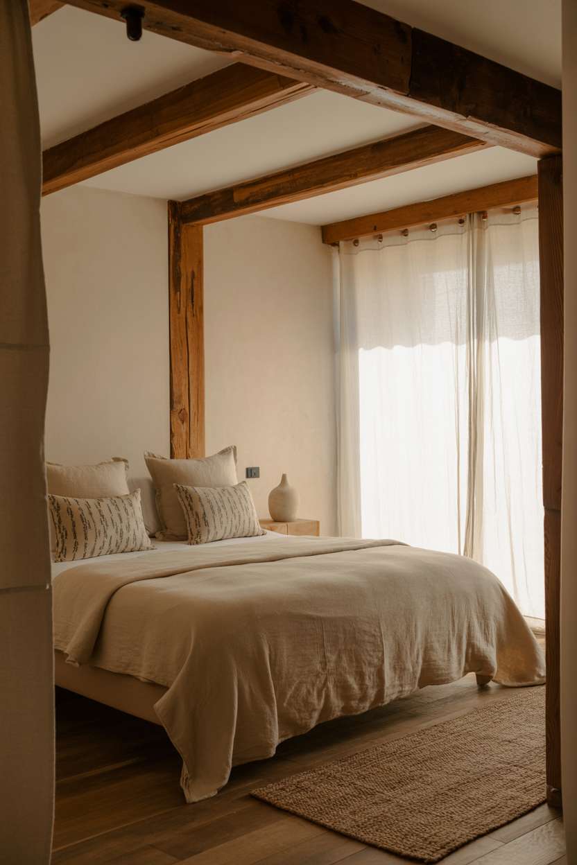 Bedroom with exposed wooden beams, whitewashed walls, cream linen duvet, patterned pillows, and minimalist ceramic lamp