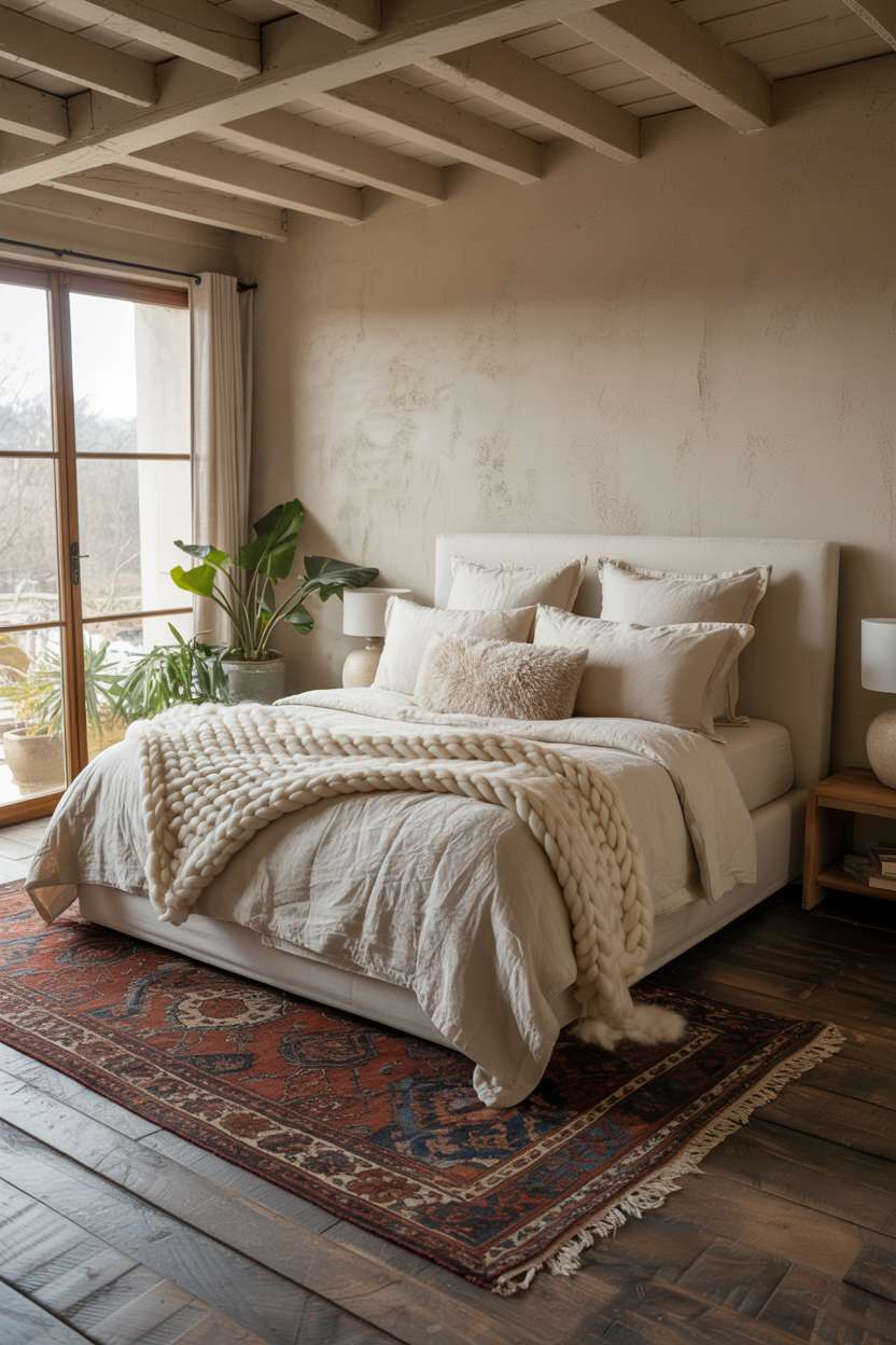 King bed with cream linen bedding, chunky knit throw, weathered wooden floors, exposed beam ceiling, and Persian rug