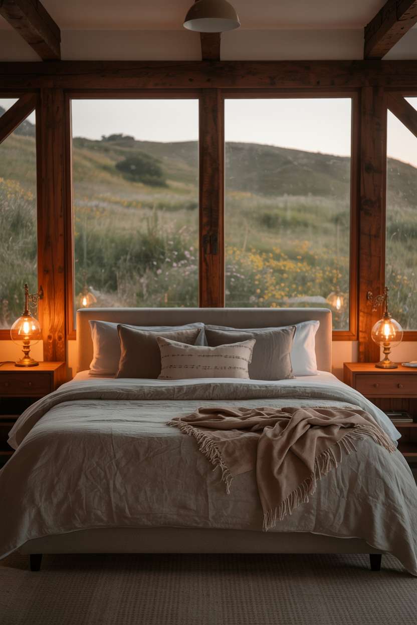 Rustic bedroom with linen duvet, woven throws, wooden nightstands, vintage brass lamps, and rolling hills view