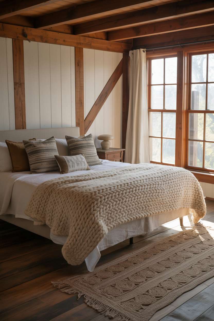 King bed with cream knitted blanket, gray and brown textured pillows, exposed wooden beams, and antique wooden nightstand