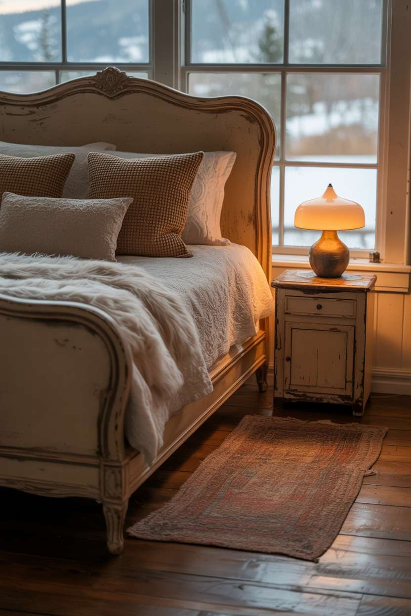 Antique wooden bed frame with cream duvet, brown and beige pillows, braided rug, and snow-covered landscape view