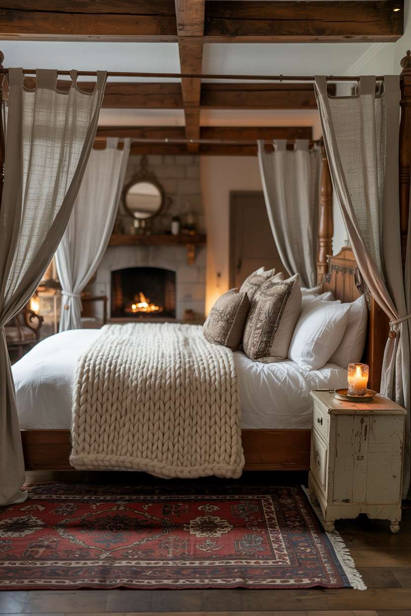 Four-poster bed with cream knit blanket, patterned pillows, Persian rug, stone fireplace, and flickering candle