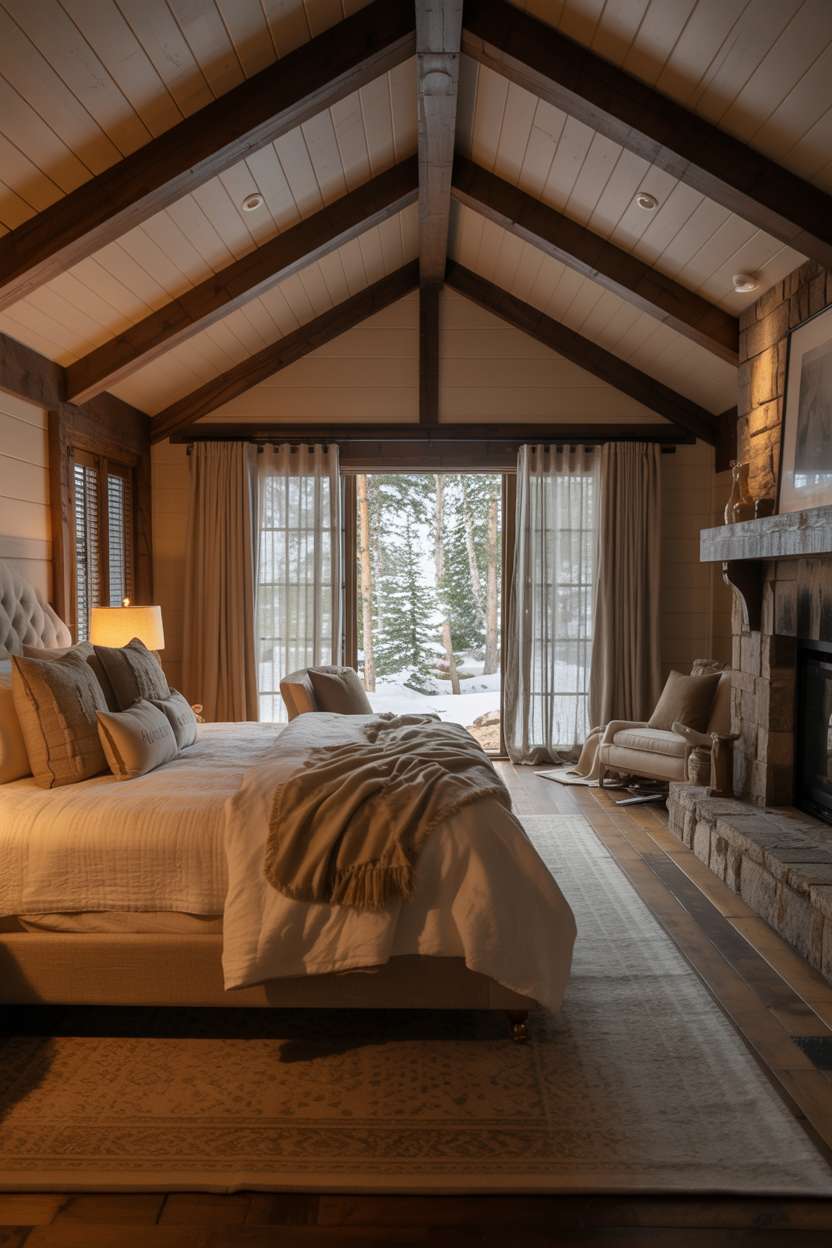 King bed with cream duvet, stone fireplace, exposed wooden beams, and snow-covered pine trees view