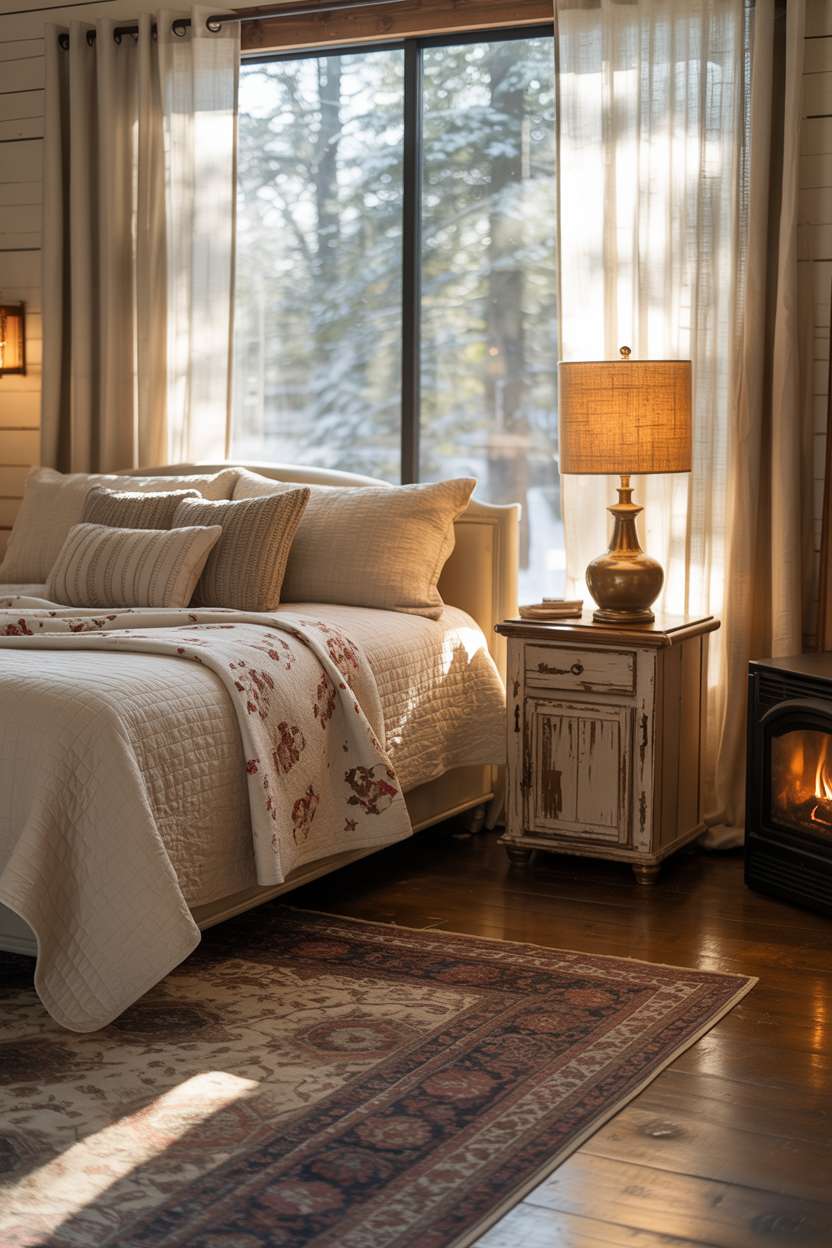 King bed with cream comforter, hand-stitched quilt, distressed nightstand, vintage lamp with burlap shade, and snowy forest view