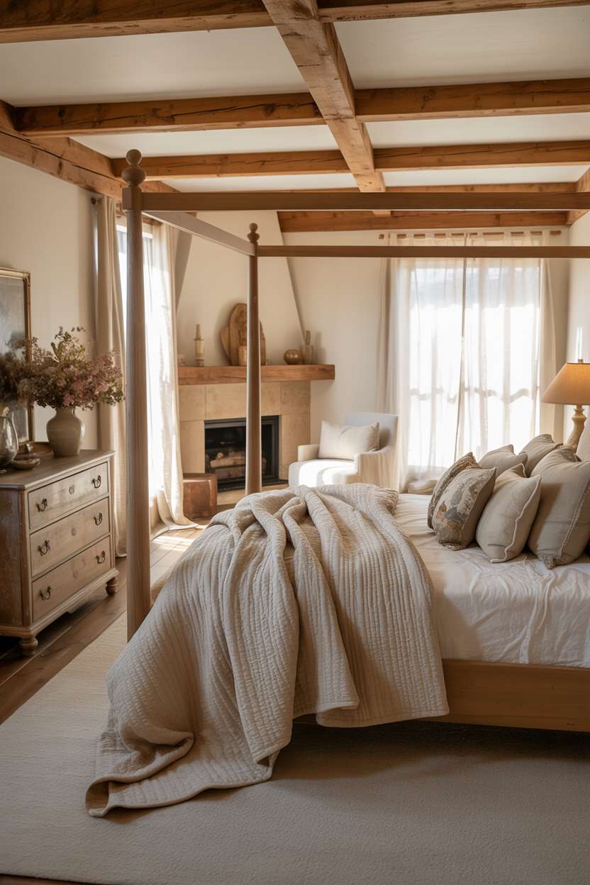 Four-poster bed with cream quilt, weathered wooden dresser, antique brass accents, and dried wildflowers vase