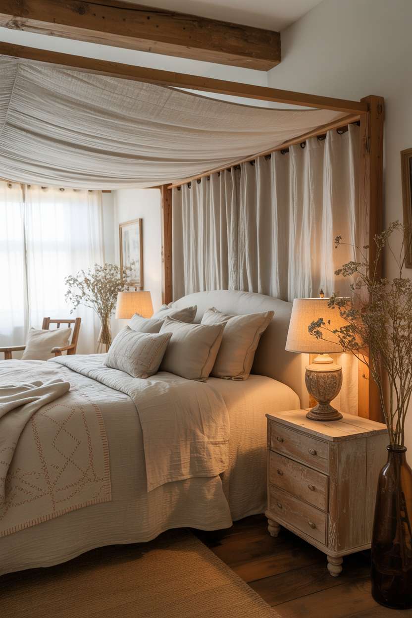 Four-poster bed with cream linen, hand-stitched quilt, weathered nightstand, vintage lamp, and dried wildflowers
