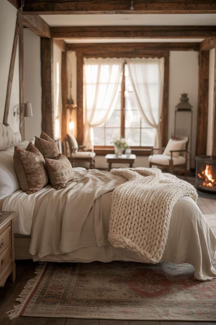 Bedroom with cream linen layers, chunky knit throw, patterned pillows, exposed beams, and crackling fireplace