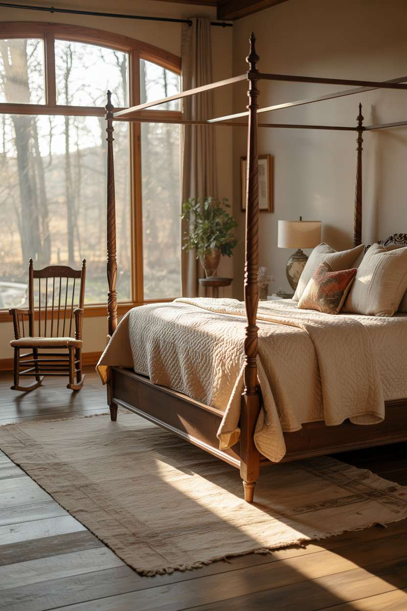 Antique four-poster bed with cream quilt, vintage wooden rocking chair, arched window with forest view, and hand-woven rug