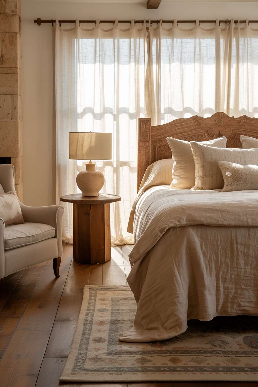 King bed with hand-carved headboard, cream linen duvet, cozy armchair, stone fireplace, and patterned wool rug