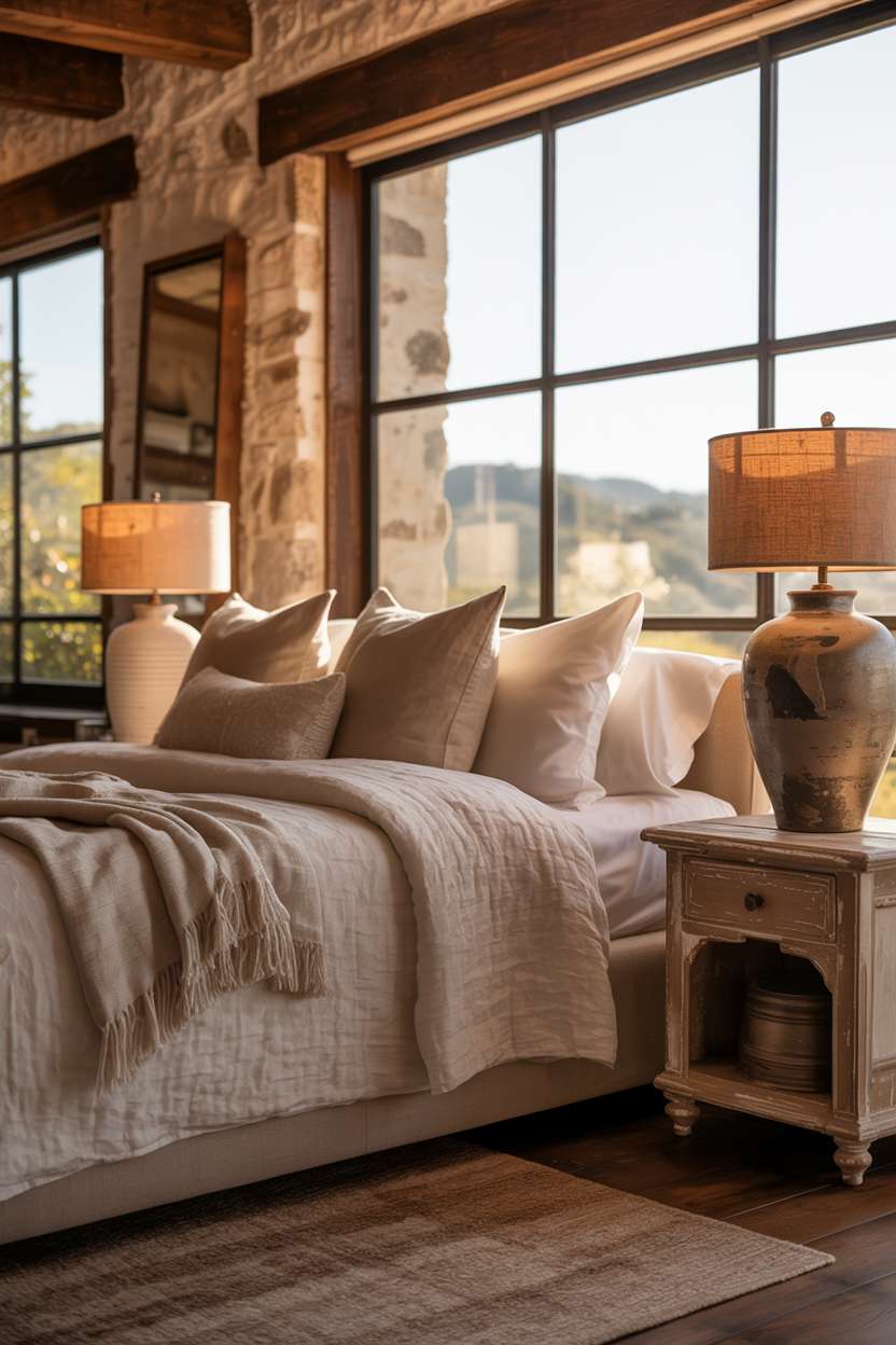 King bed with textured linen duvet, woven throw blanket, weathered nightstand, ceramic lamp with burlap shade, and rolling hills view