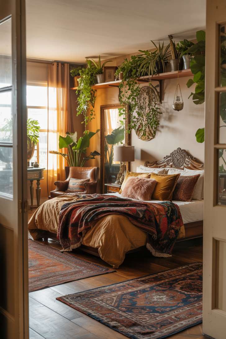 Bohemian bedroom with unmade bed, jewel-toned textiles, vintage Persian rugs, and cascading plants