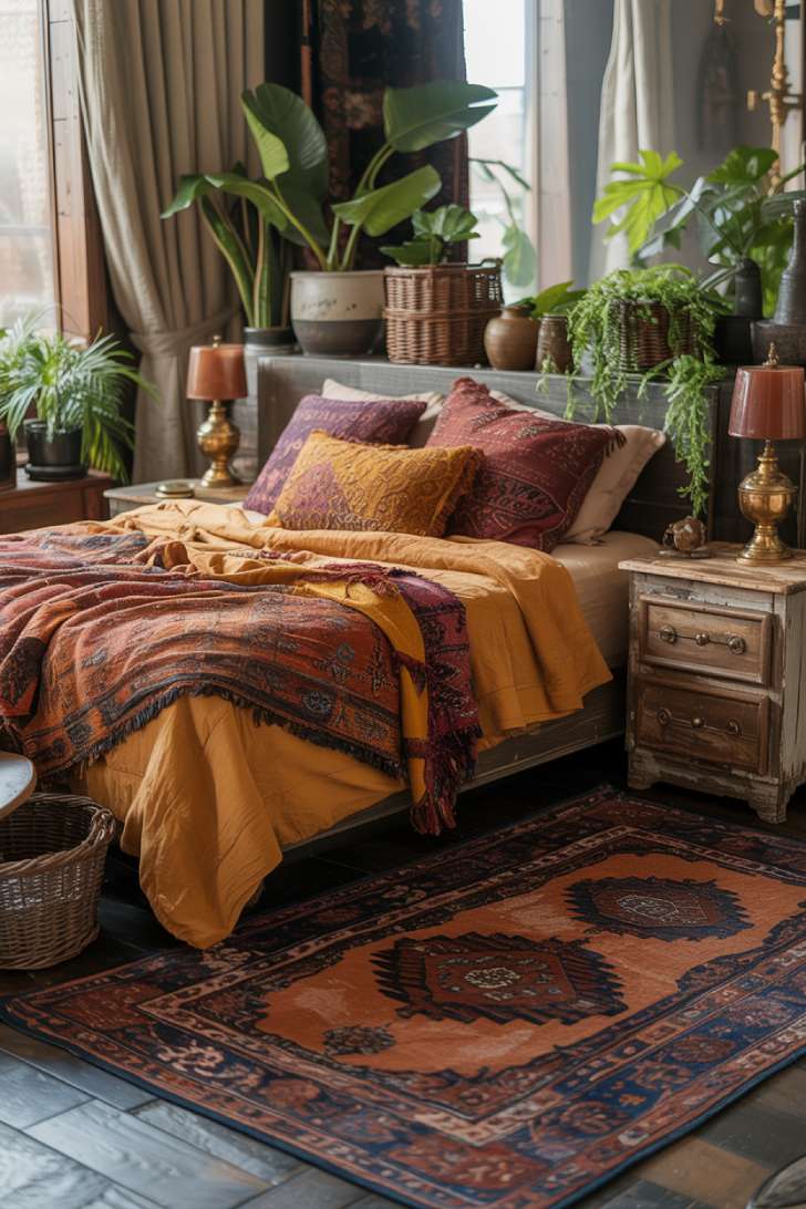 Front-facing rustic bohemian bedroom with burnt orange throws and vintage brass accents