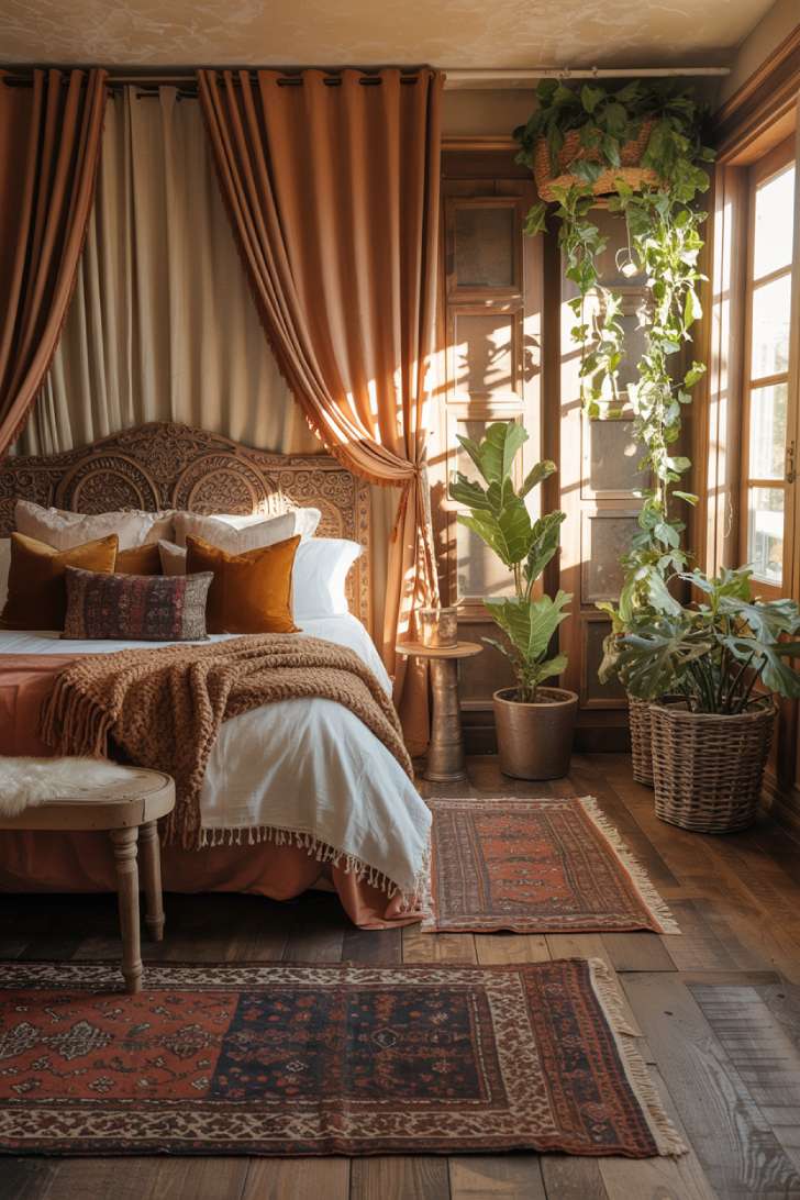 Bohemian bedroom with ornate headboard, sheer curtains, and golden hour lighting