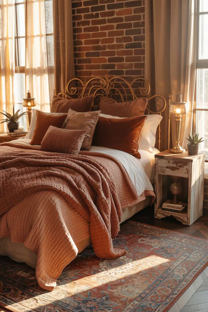 Luxurious rustic bedroom with vintage brass headboard and exposed brick wall