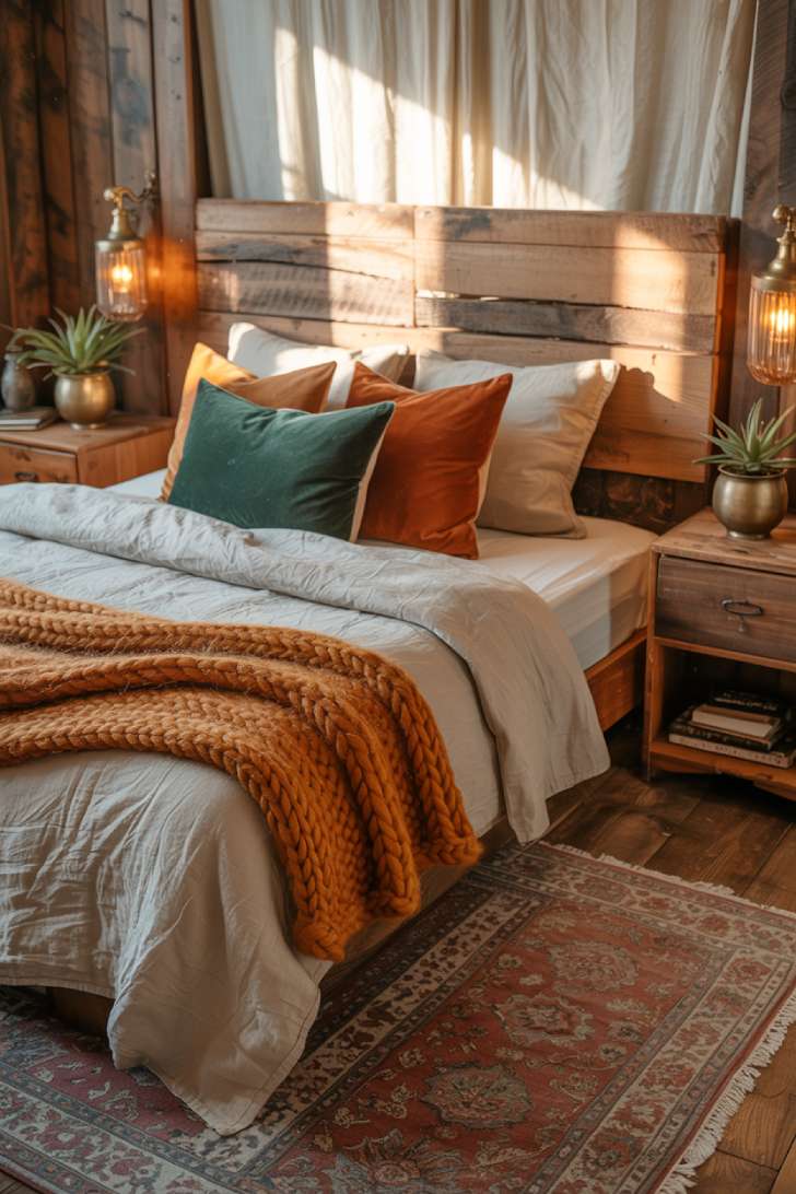 Rustic bedroom with reclaimed barn wood headboard and brass sconces